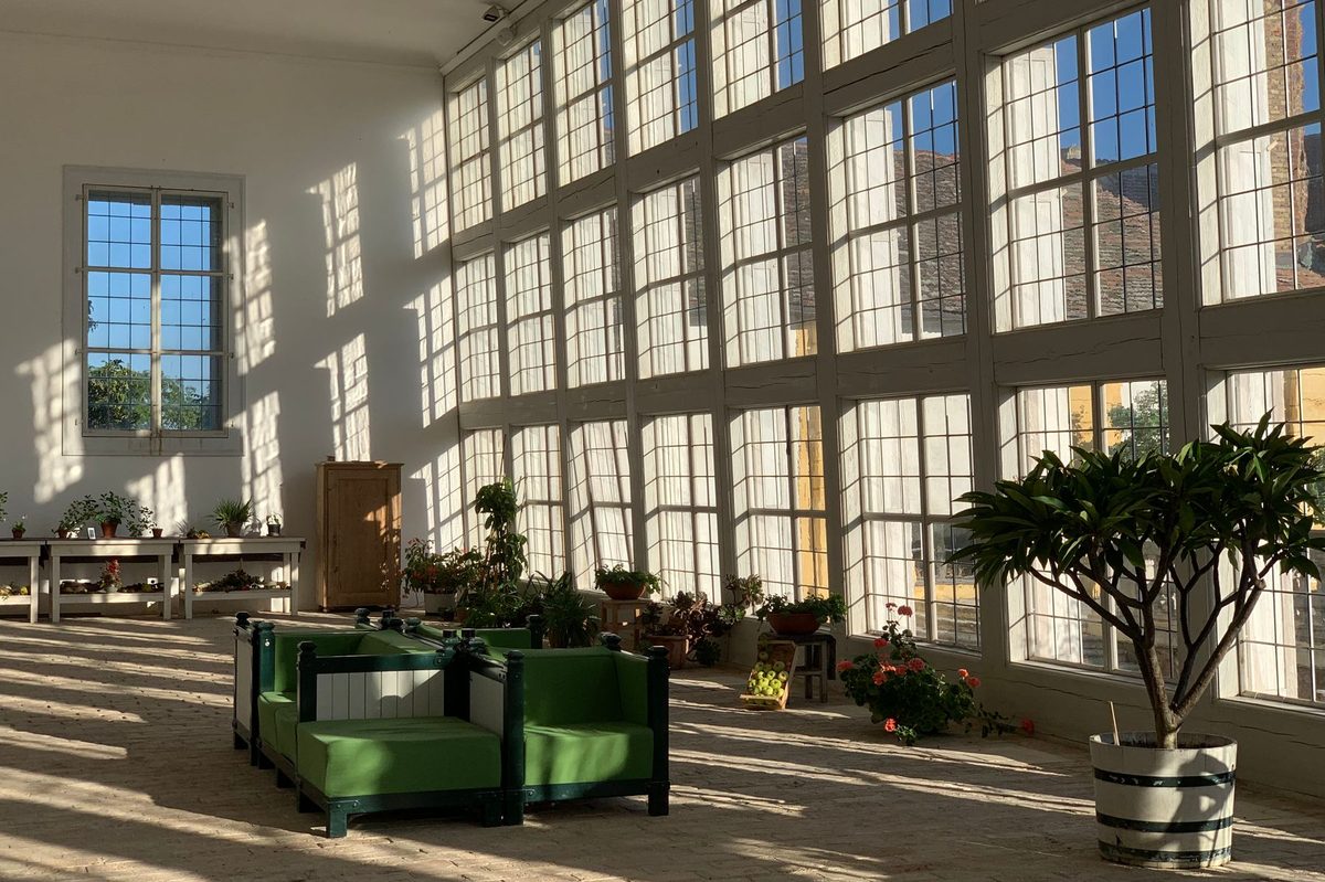 The garden room, added in 2019 and the warmest room in the house in winter