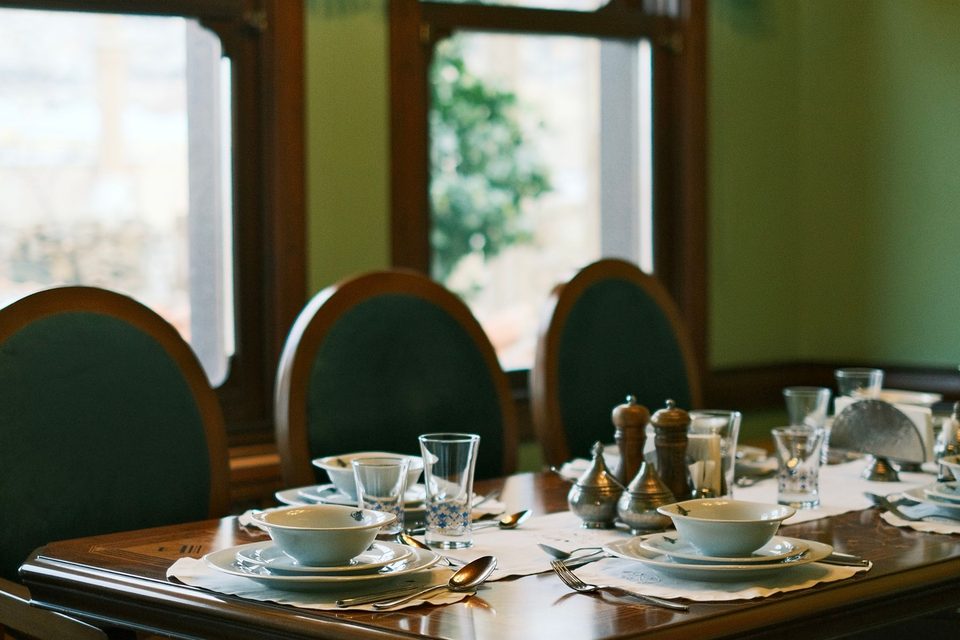 The dining room laid for lunch